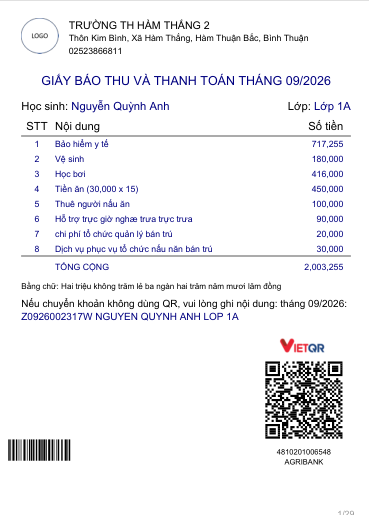 Mẫu giấy báo thu và thanh toán bằng QR