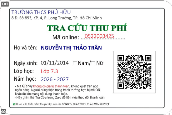 Mẫu thẻ tra cứu thu phí